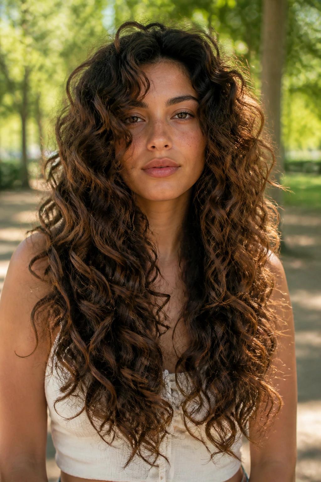 Close-up of a real person with V-shaped layers in long curls outdoors in a park