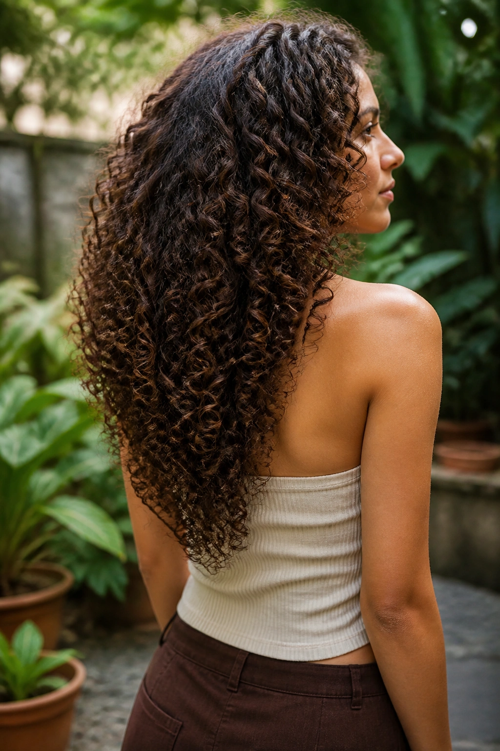 Back view of real woman with V-shaped cut, dramatic curls