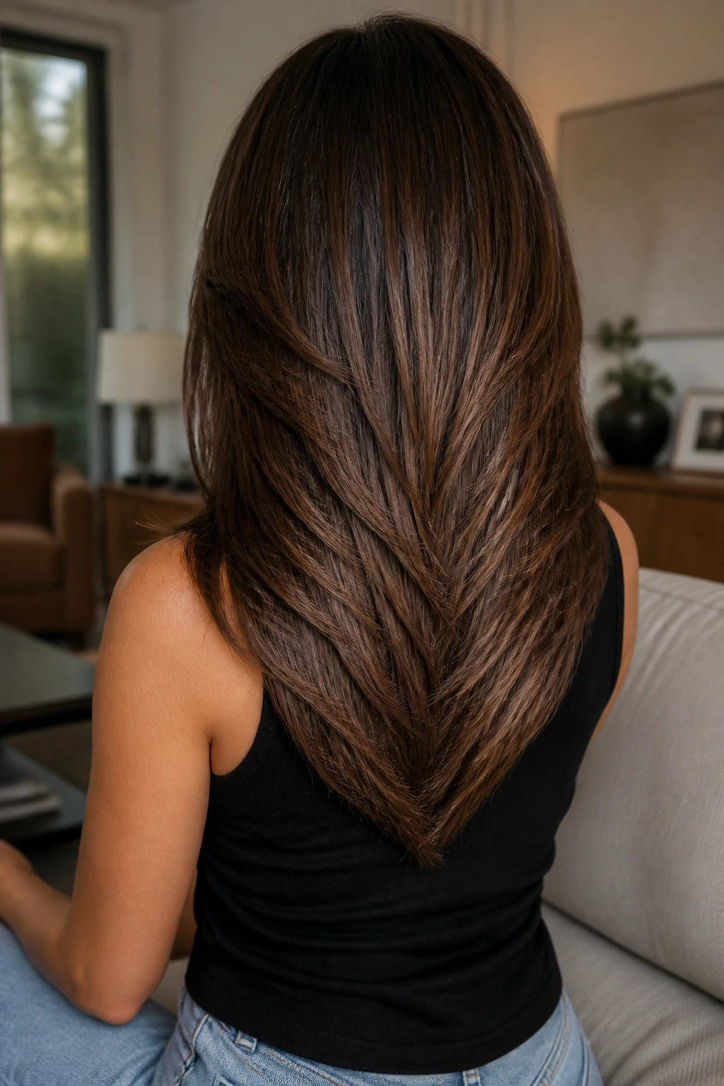 Real woman with subtle V-shaped back for long volume in natural light
