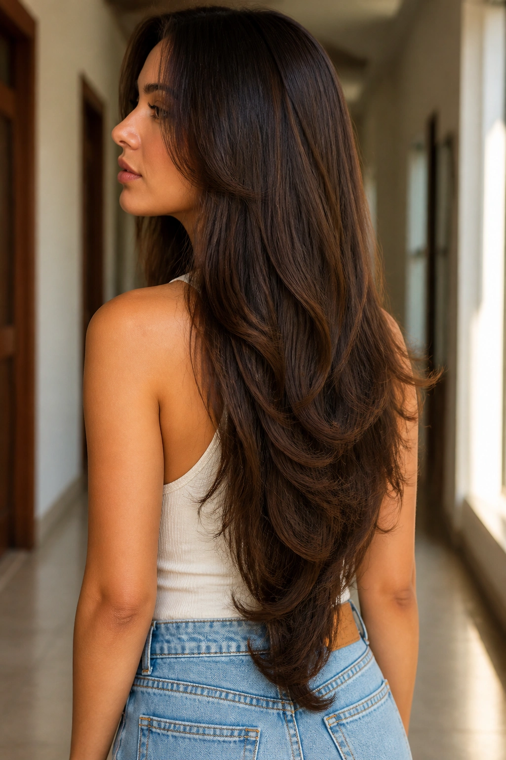 Three-quarter view of a real woman with V-shaped layered haircut