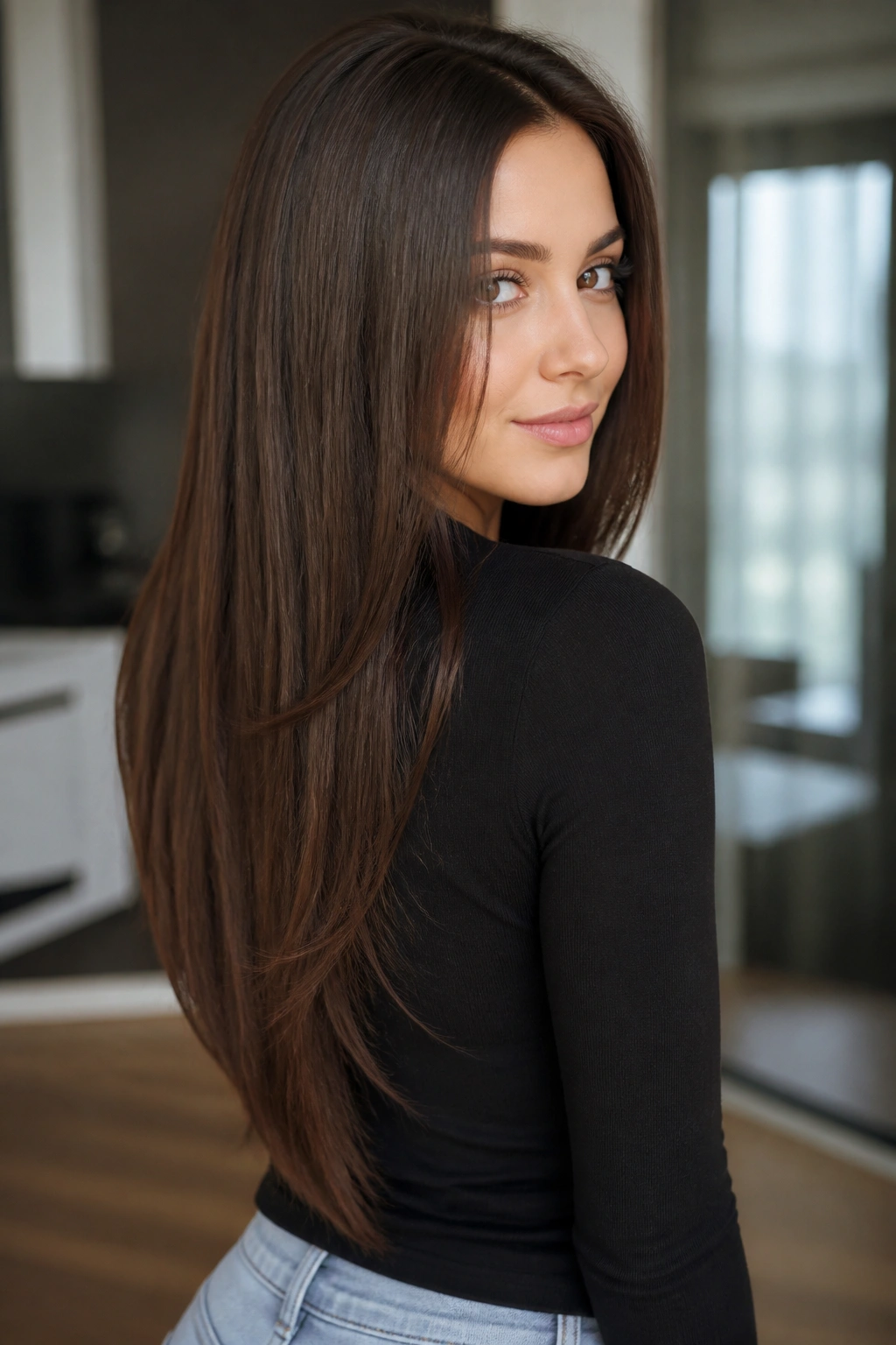 Portrait showing V-shaped long layers hairstyle on a real woman.