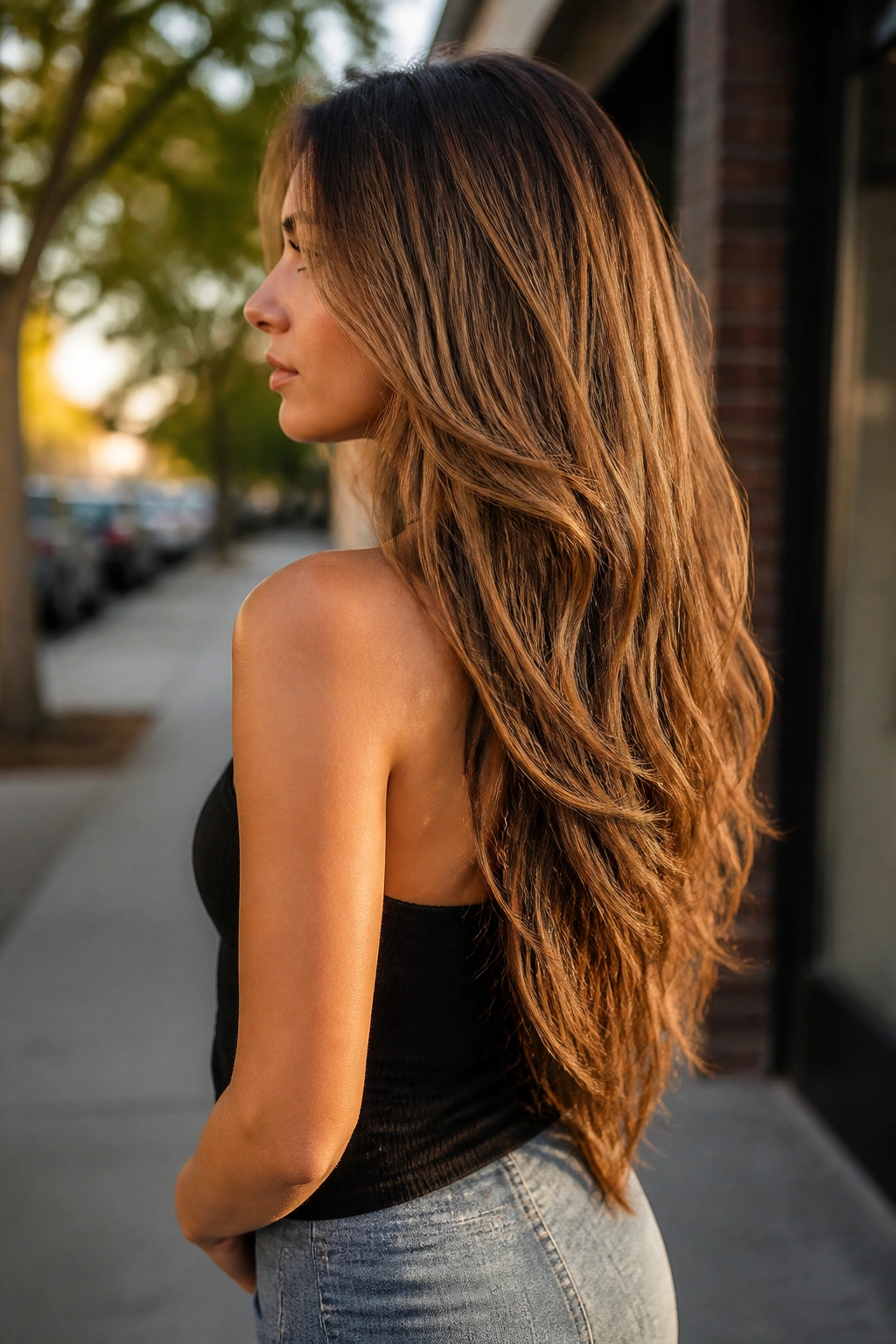 Side-profile showing V-shaped long cut in golden hour street scene