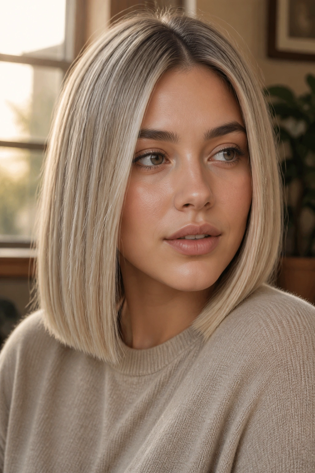 Real woman with soft vanilla ash blonde and blunt ends.