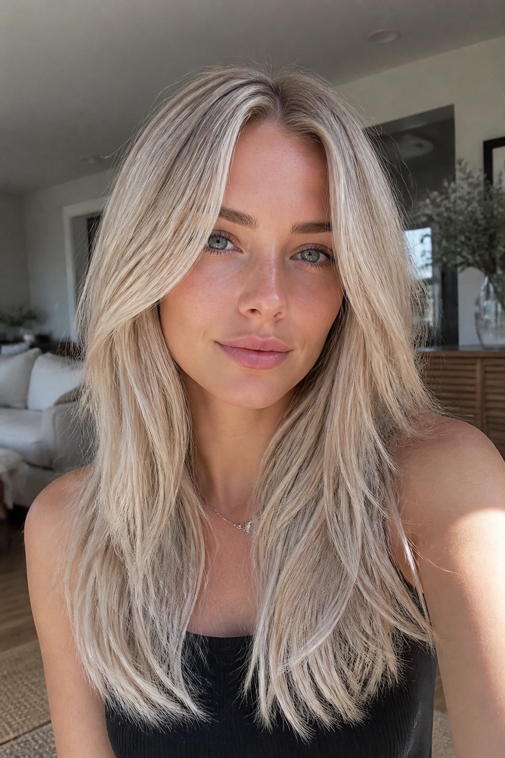 Close-up of vanilla ash blonde with long layers on real person