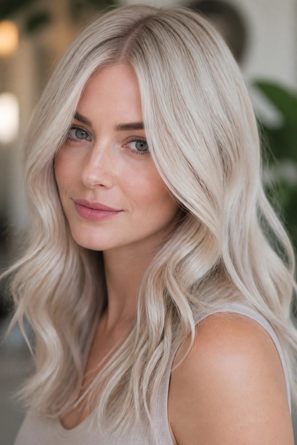 Close-up portrait of a real woman with vanilla ash blonde hair in natural daylight