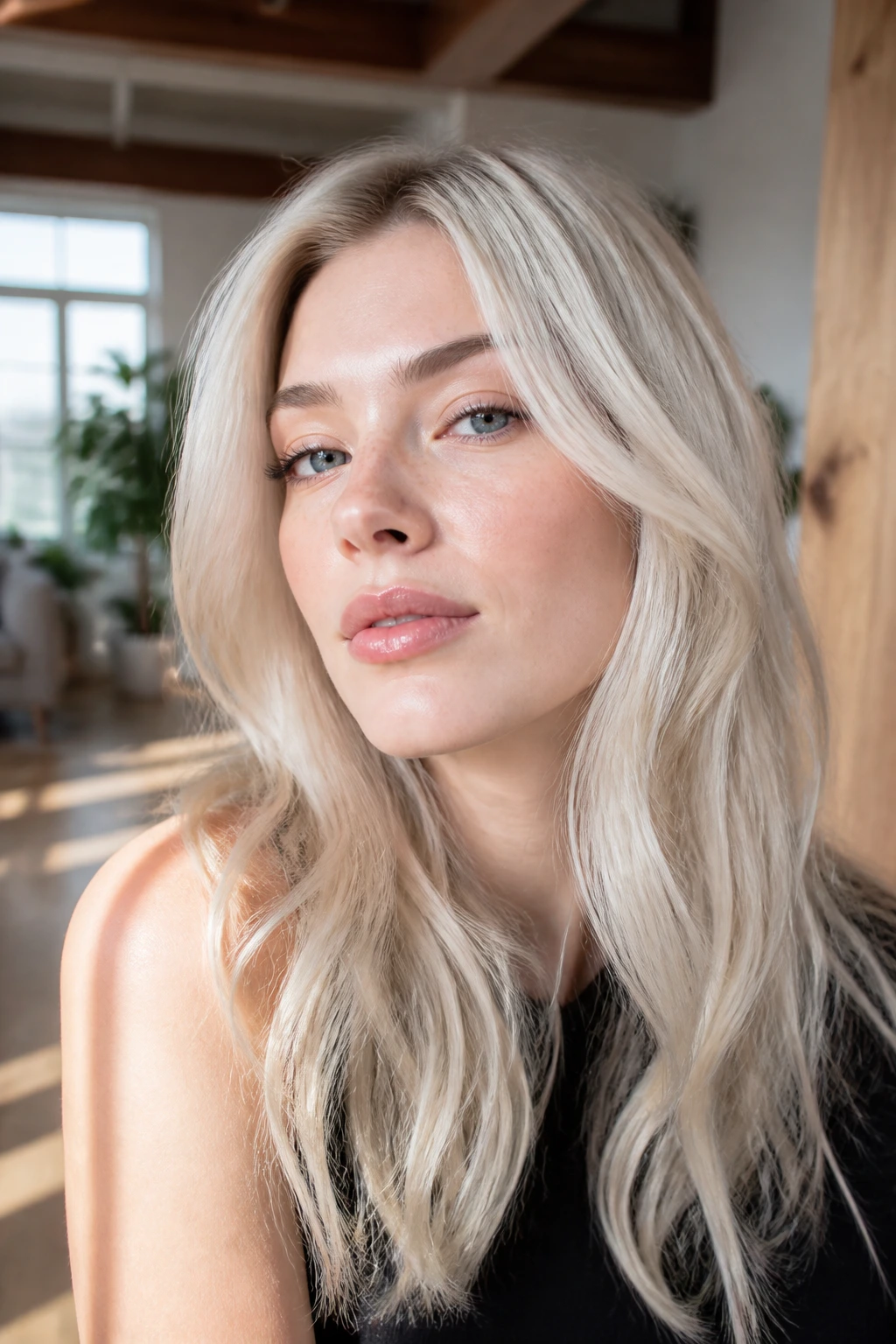 Close-up portrait of a real person with vanilla ash blonde hair and cool undertones