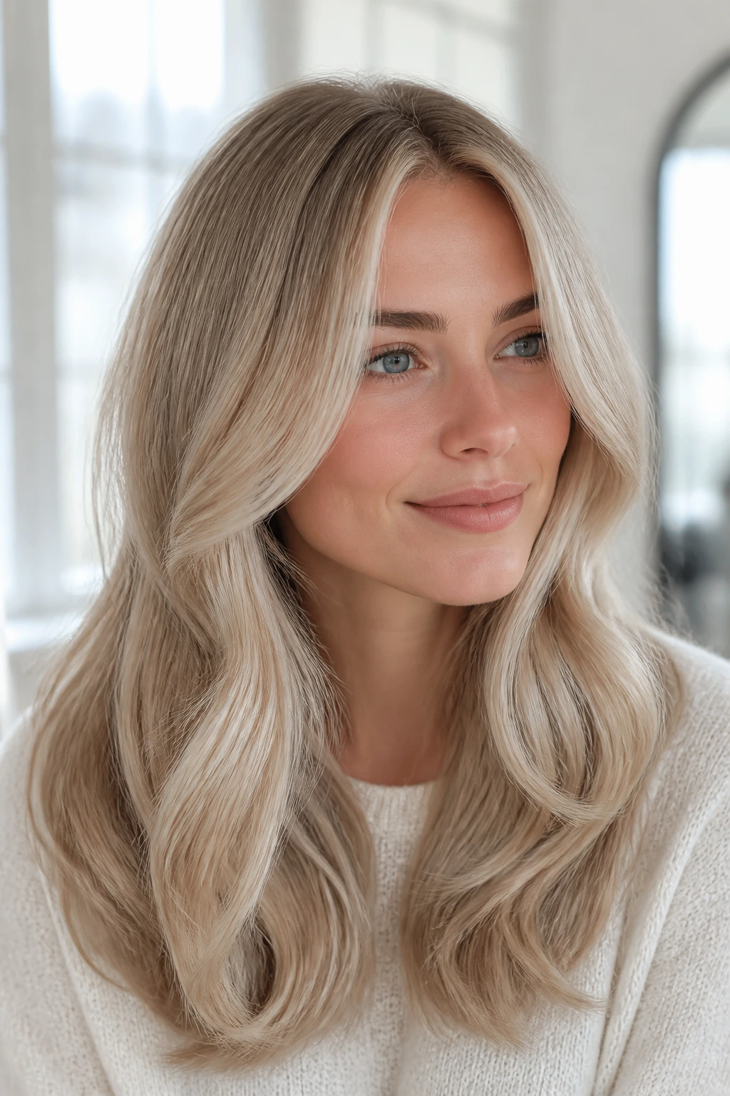 Close-up of a real person with vanilla ash blonde hair in a bright room.