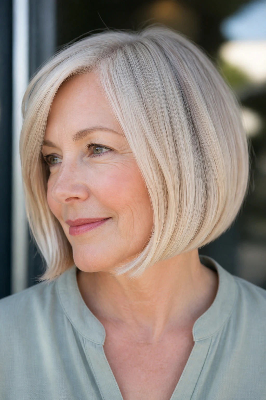 Close-up of a real woman with vanilla ash bob in natural daylight