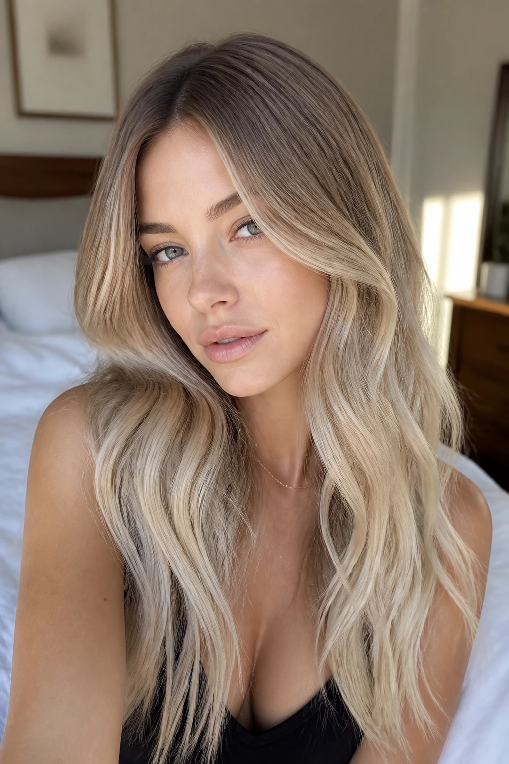 Close-up portrait of a real woman with vanilla ash melt hair.