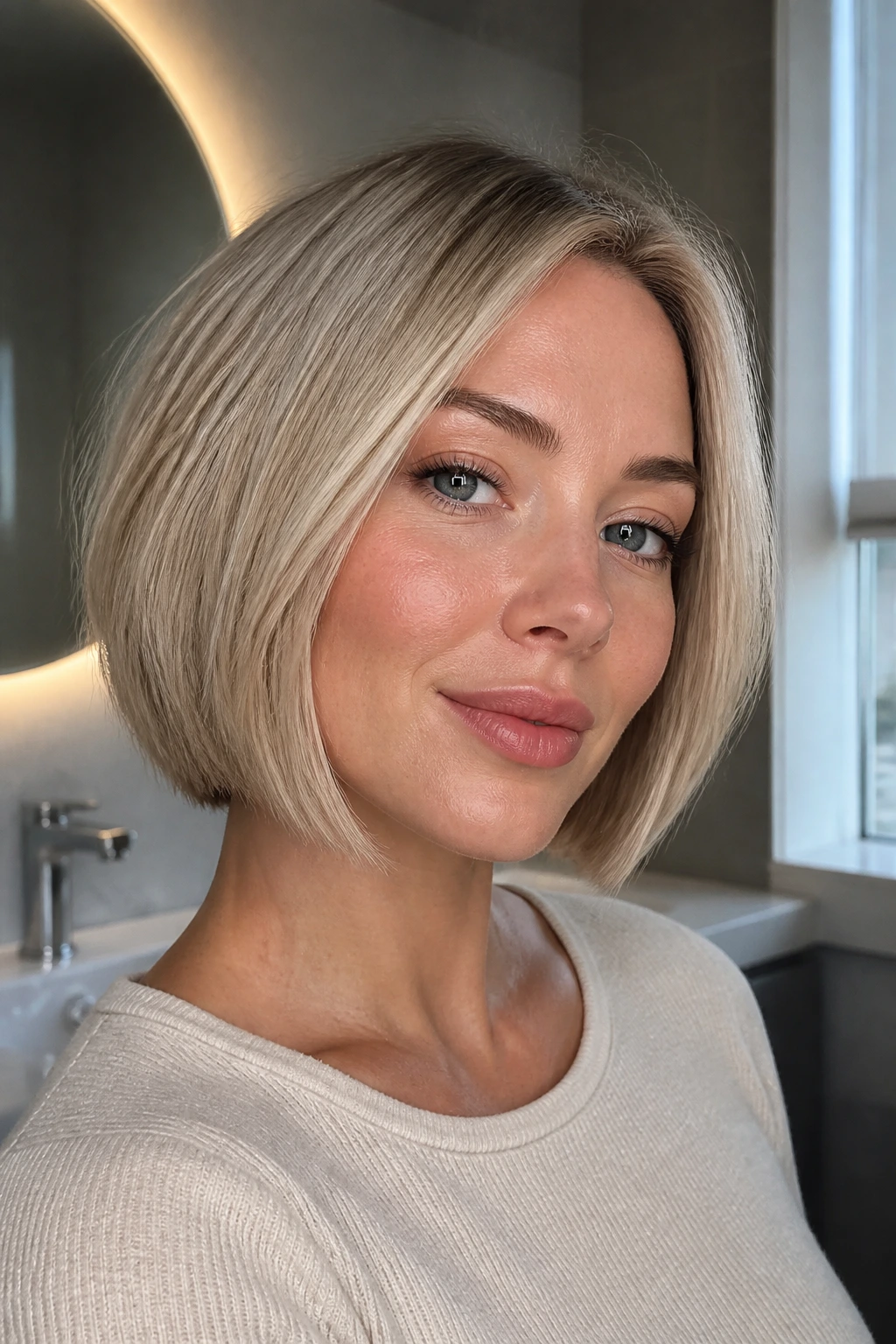 Close-up of a real woman with a vanilla beige blonde bob.