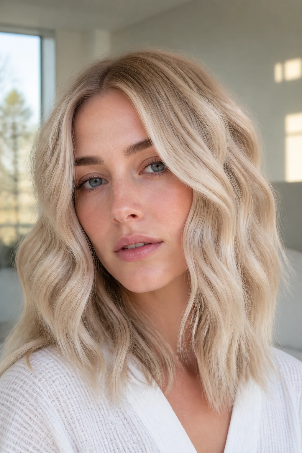 Close-up of vanilla-beige blonde with soft waves on a real person