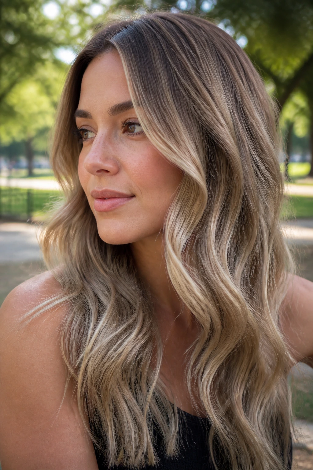 Close-up of real woman with Vanilla Beige Bronde on Loose Waves