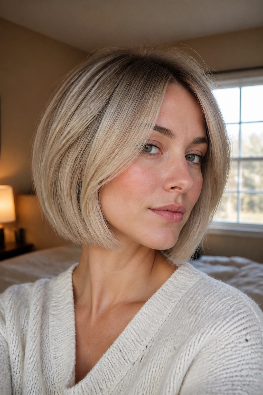 Close-up portrait of a real person with Vanilla-Beige Caramel Blonde Bob hair.