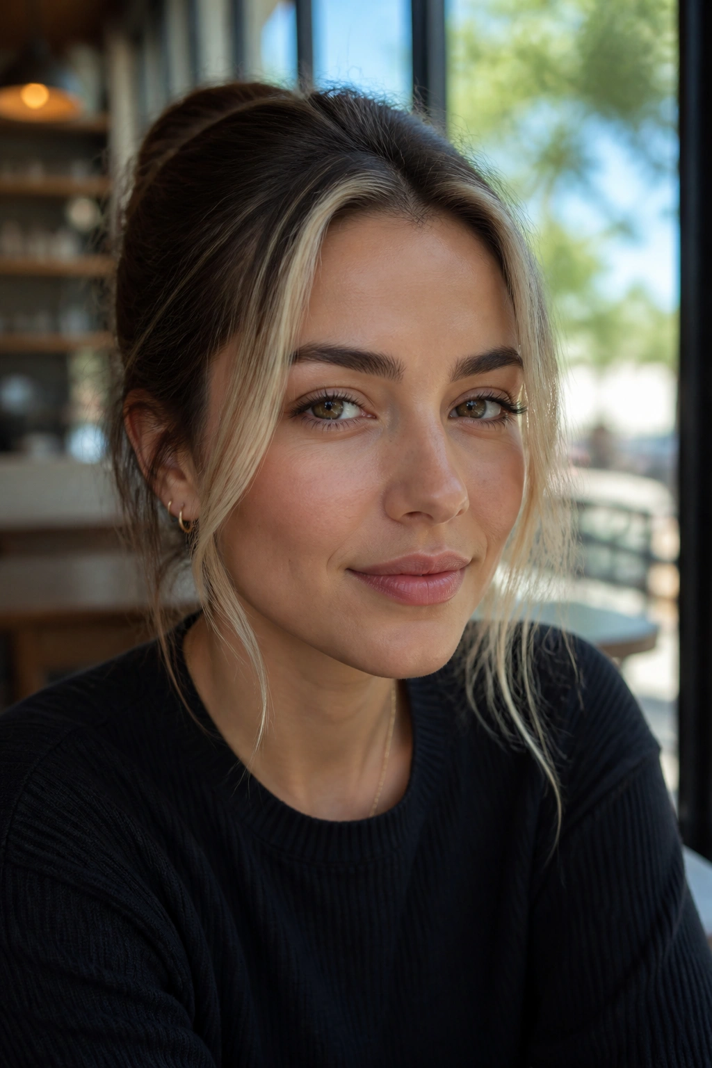 Close-up of vanilla beige face-framing pieces brightening features on a real person.
