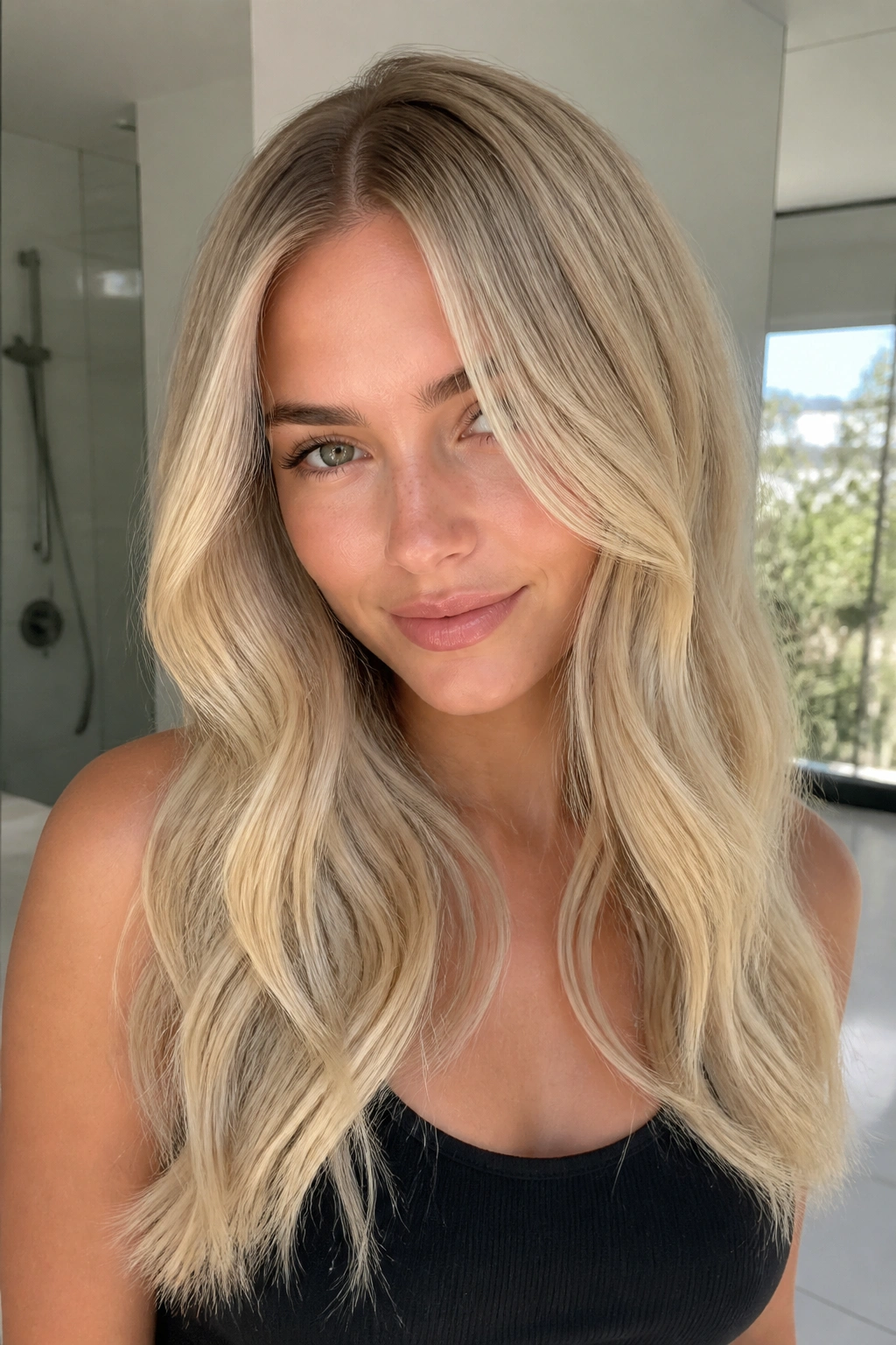 Close-up of a real woman with vanilla beige hair and soft root melt in bright window light.