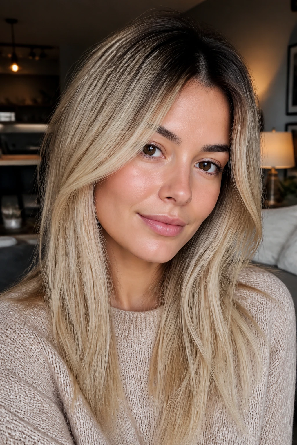 Close-up portrait of a real woman with vanilla biscuit blonde and dark roots