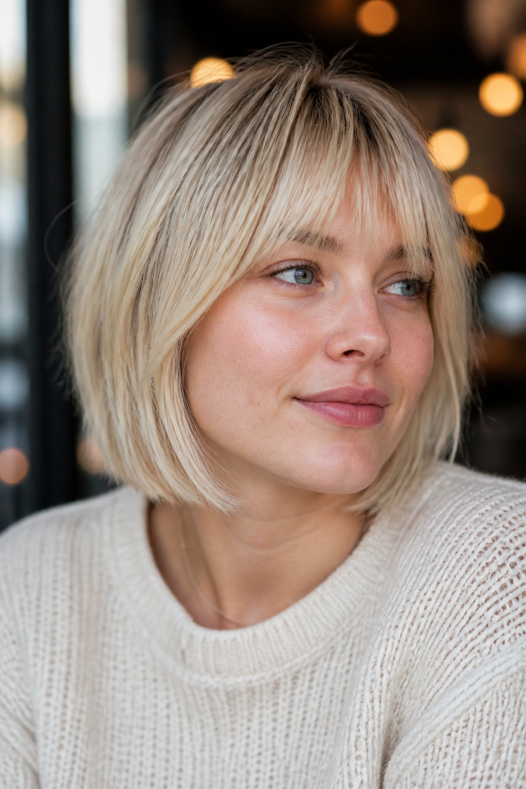 Close-up of a woman wearing a vanilla-blond bob with wispy fringe.