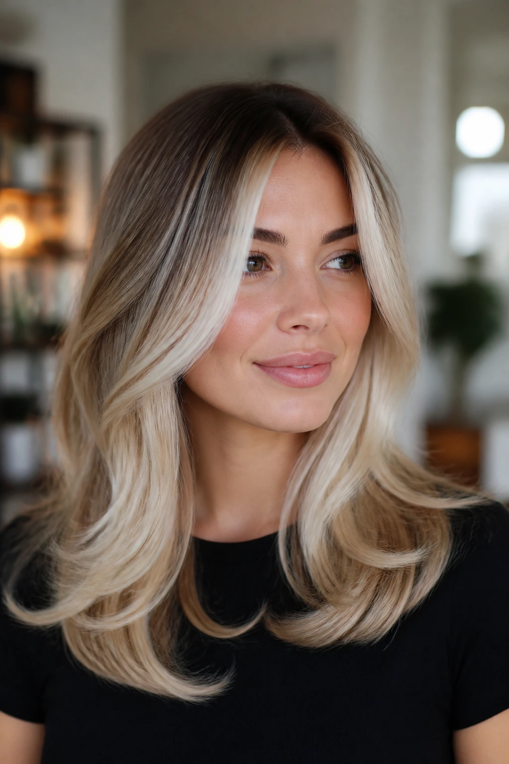 Close-up of a real woman with vanilla blonde balayage and face-bending layers