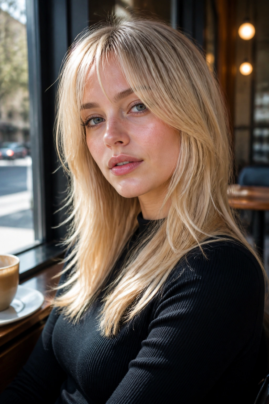 Close-up of a real person with vanilla blonde face-framing bangs in warm cafe daylight