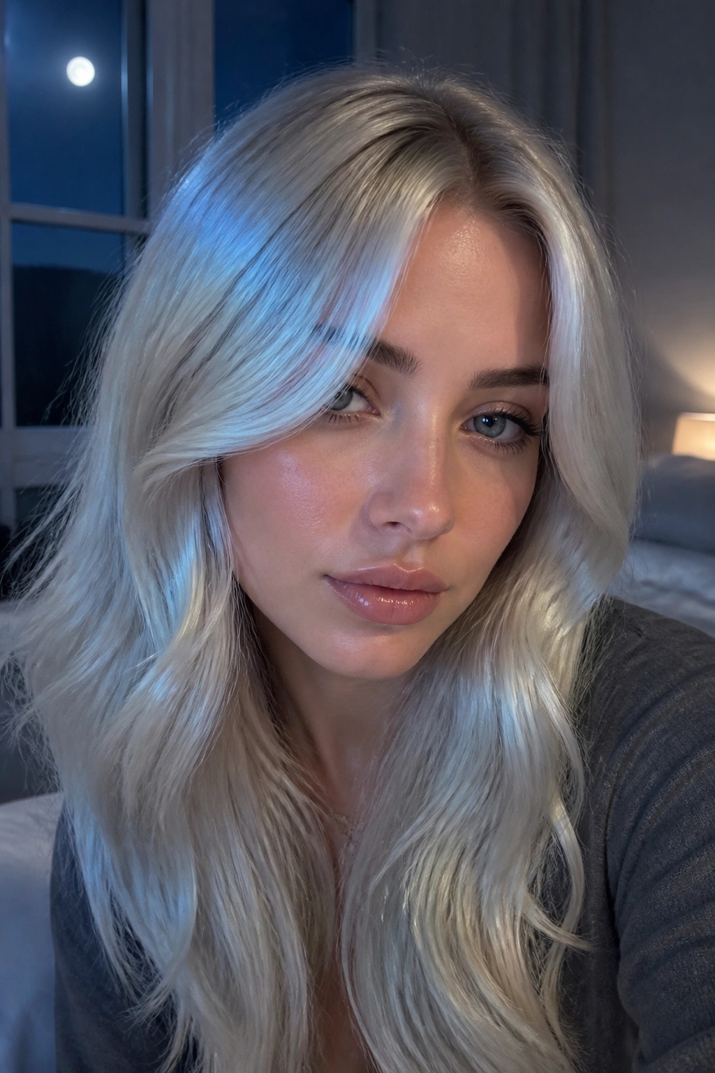 Portrait of a real woman with vanilla blonde hair and blue sheen under moonlight