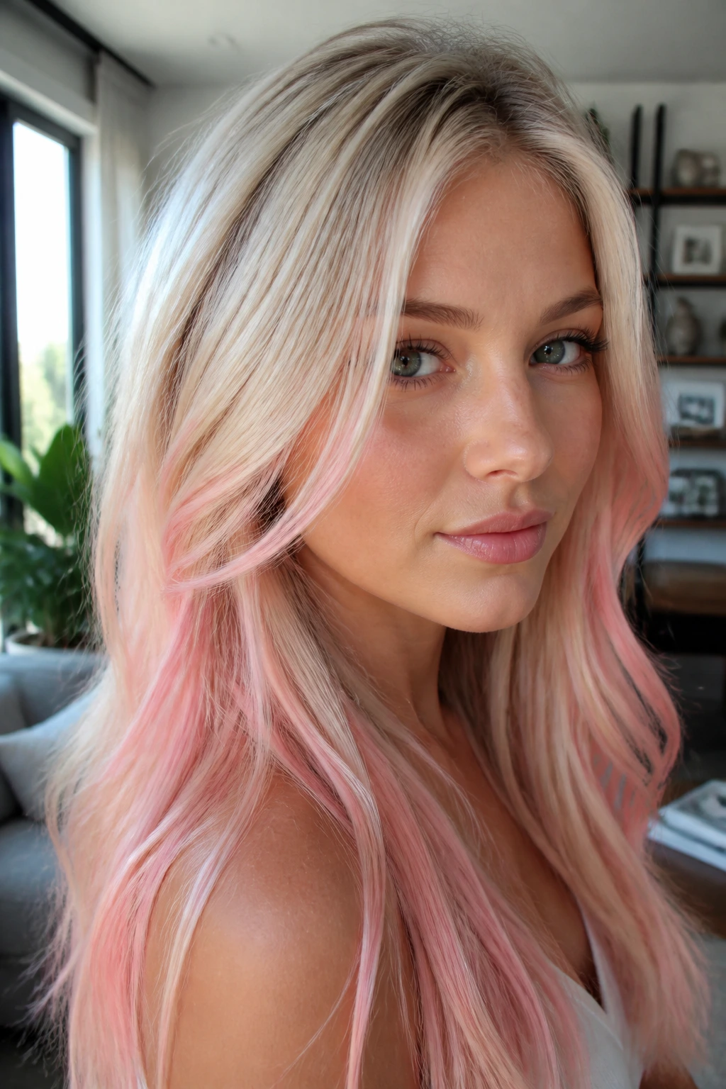 Close-up of real woman with face-framing vanilla blonde and blush pink hair at the front
