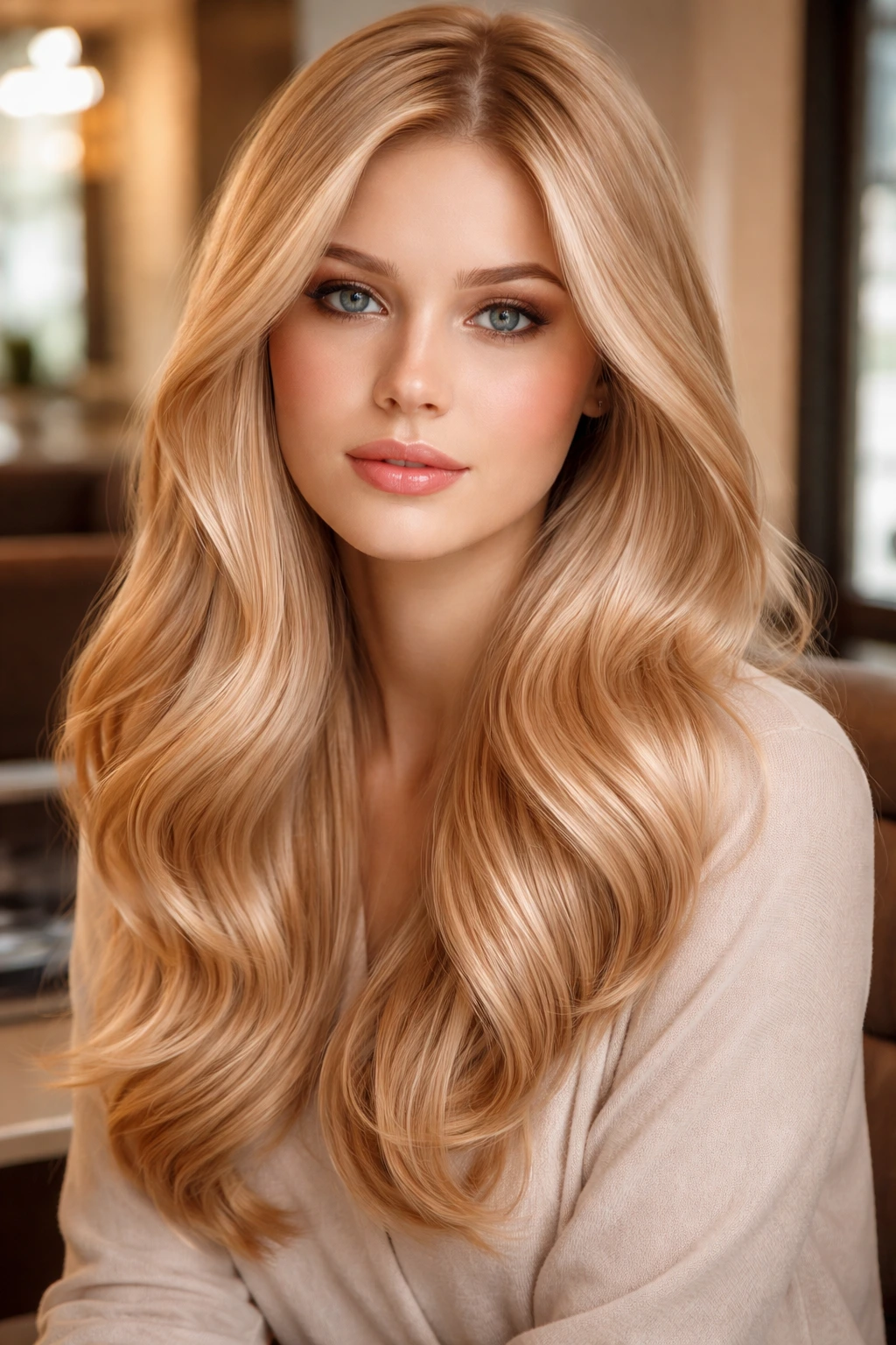 Close-up of real woman with vanilla blonde hair and pale copper gloss