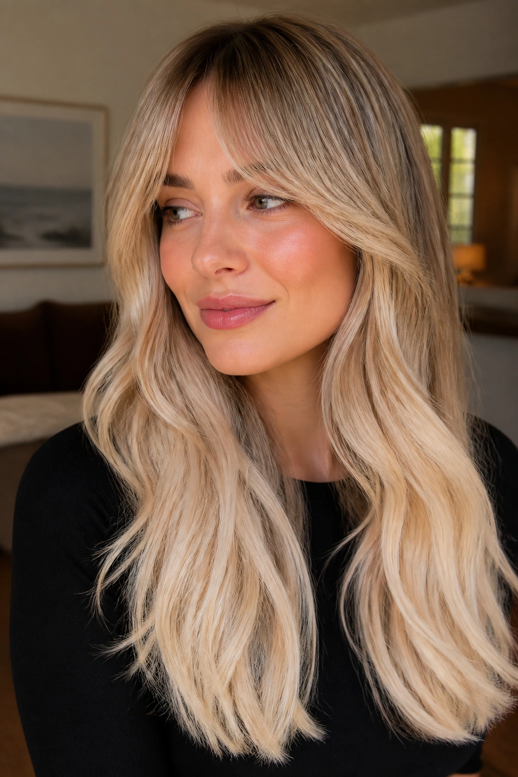 Woman with vanilla blonde ombre and curtain bangs in warm natural light