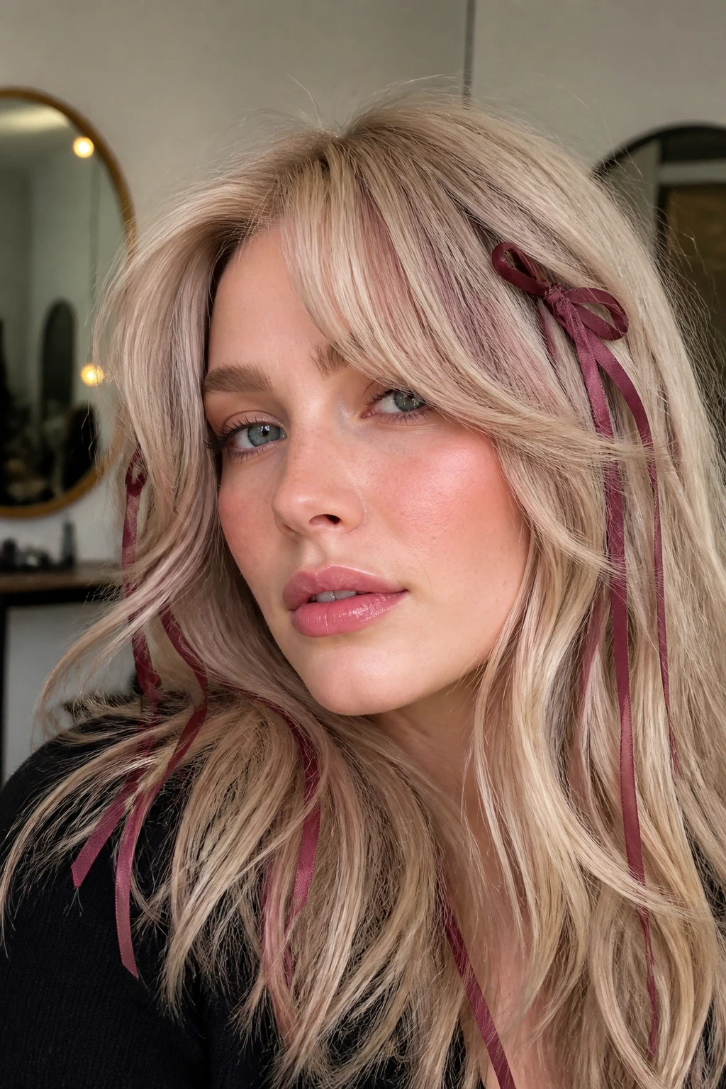 Close-up of a real woman with vanilla blonde curtain bangs and burgundy ribbons