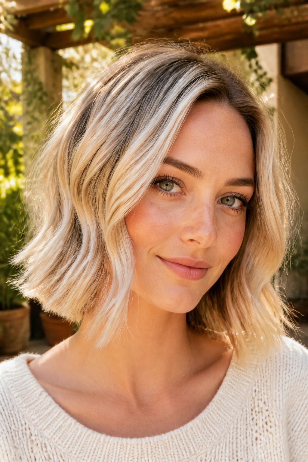 Real woman with dimensional vanilla blonde bob and soft waves in a sunlit garden