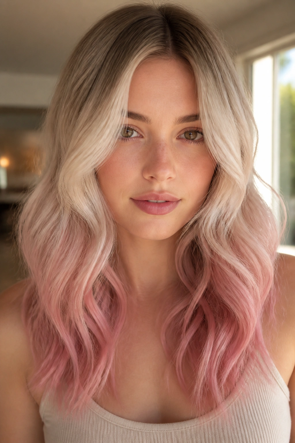 Close-up of vanilla blonde waves with dusty pink melt on a real person