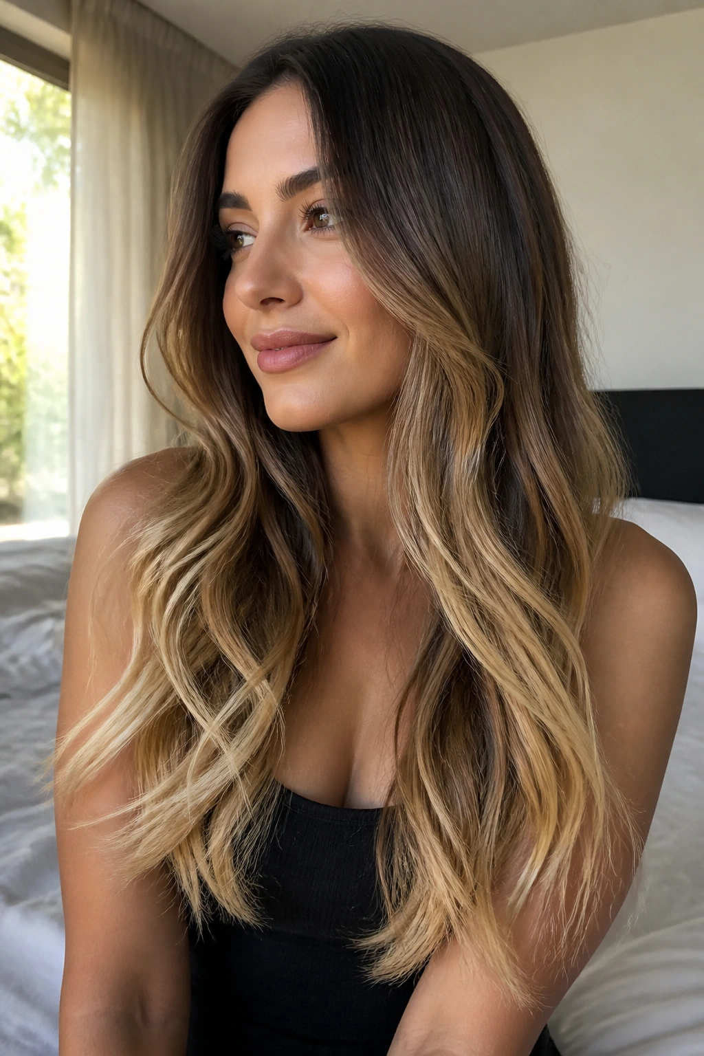 Close-up of a woman with vanilla blonde ends on long brown hair in soft light.