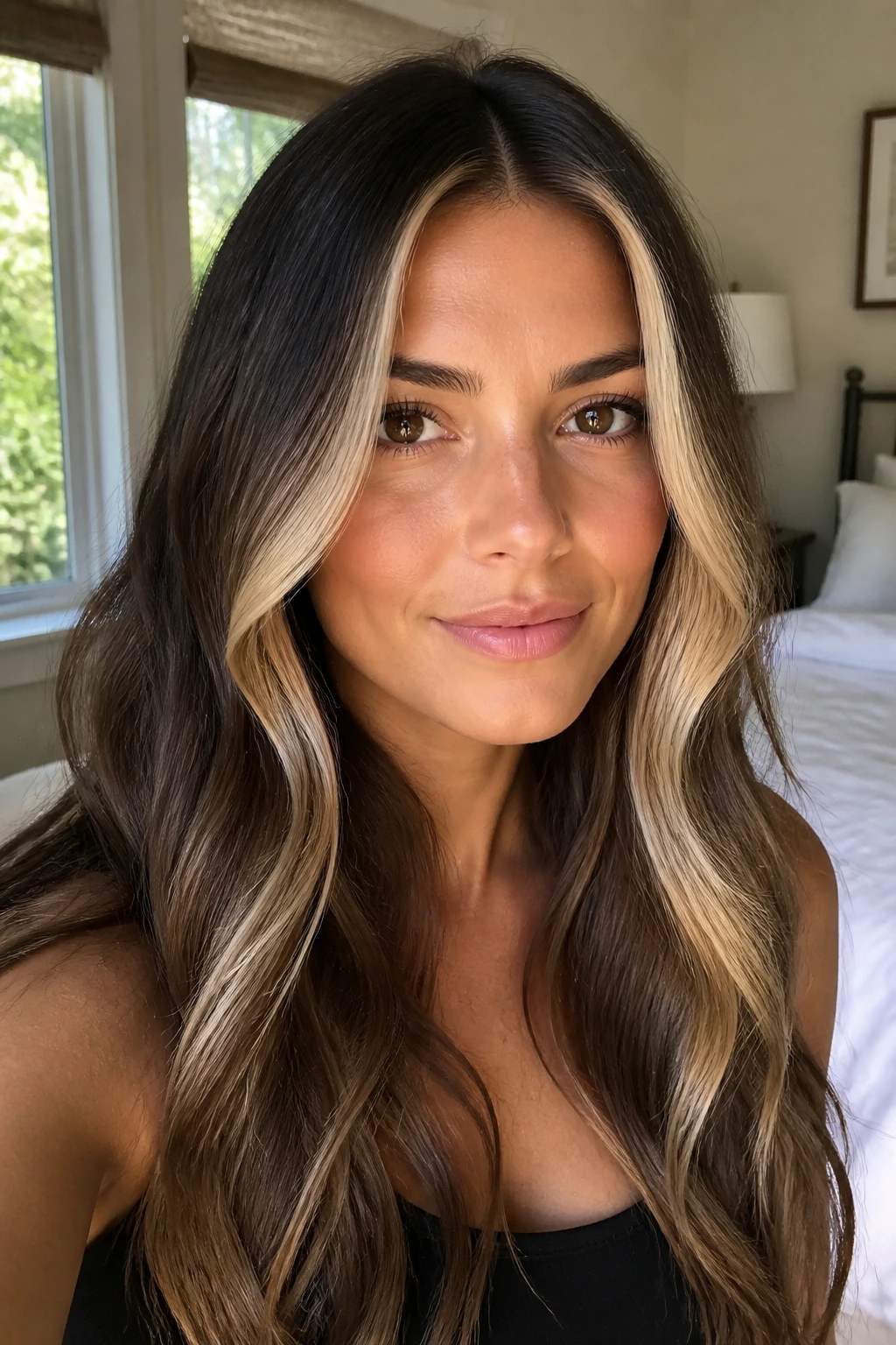 Vanilla blonde face frames brightening a brunette look