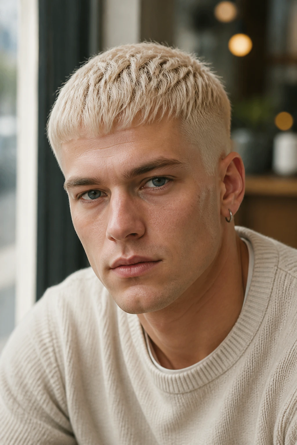 Man with vanilla blonde French crop, crisp fringe and clean lines.