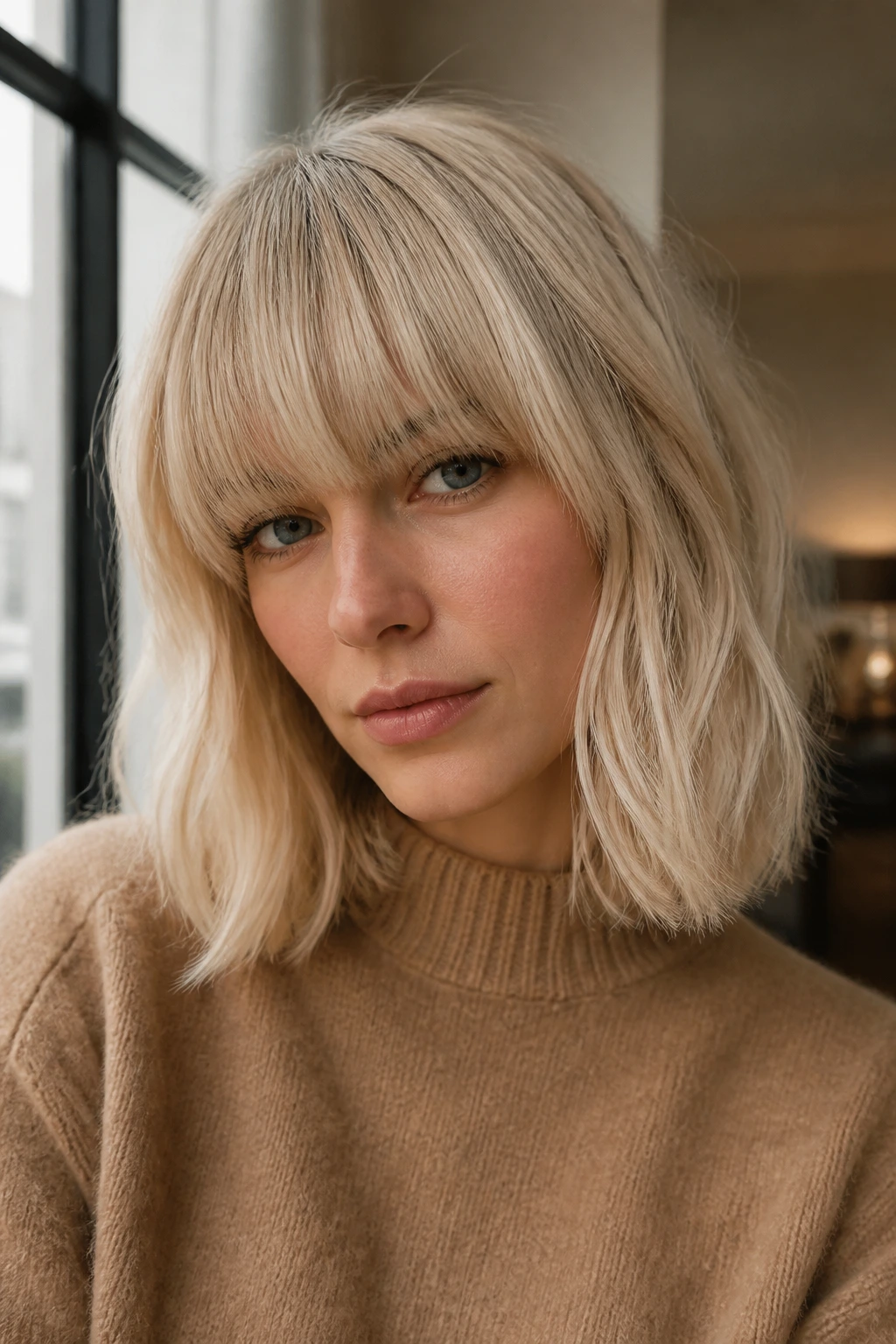 Vanilla blonde fringe lob on real woman with brows-grazing fringe