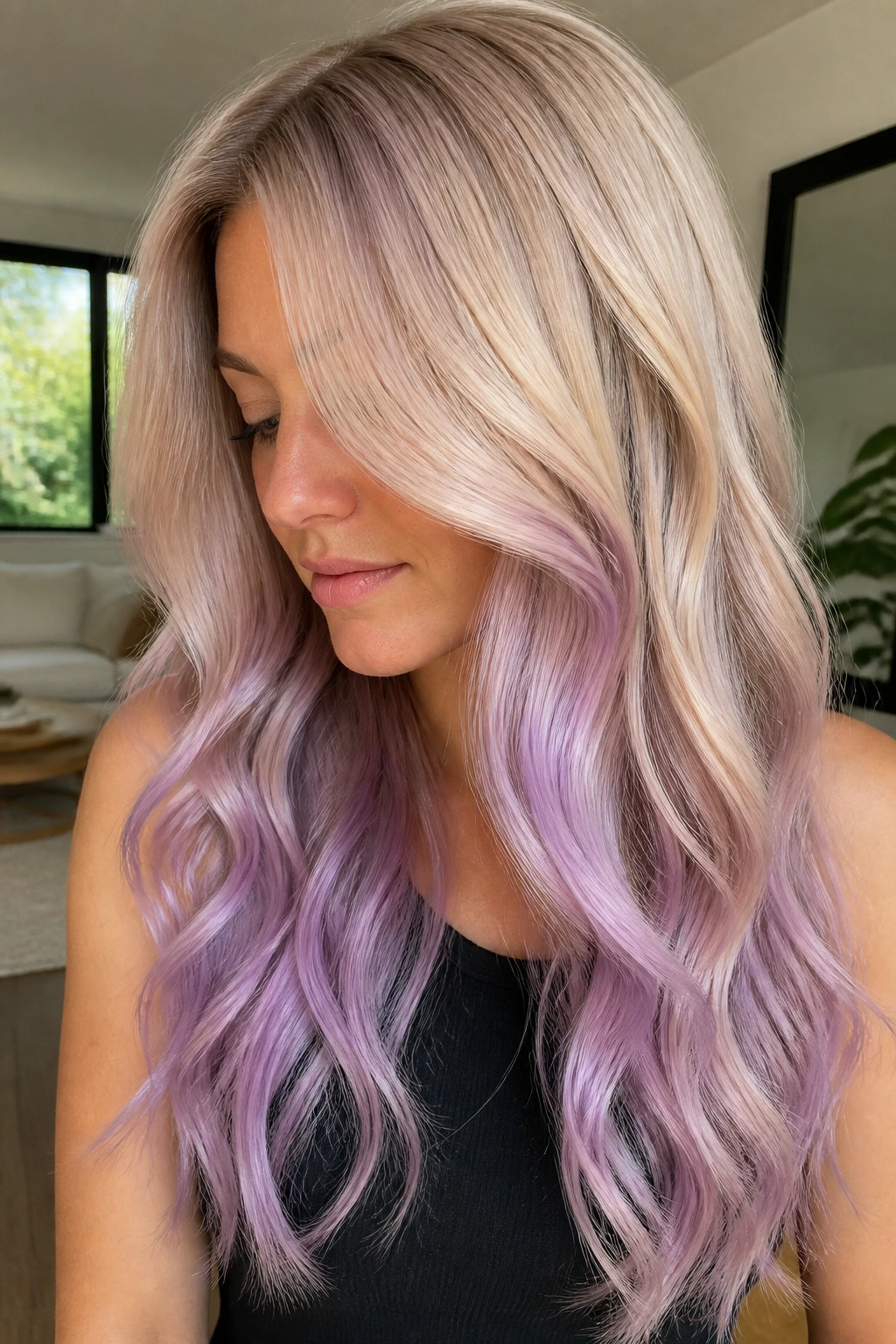Close-up of a woman with vanilla blonde and lilac cream hair.