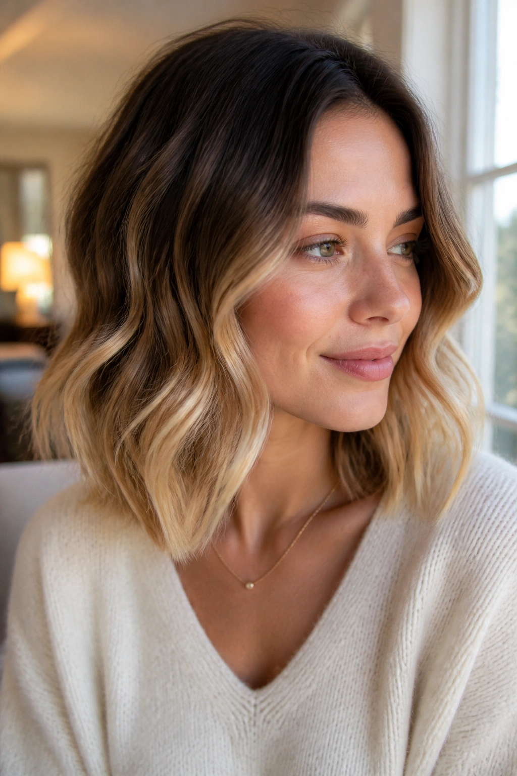 Close-up portrait of a real woman with vanilla blonde ends on a wavy lob in soft window light.