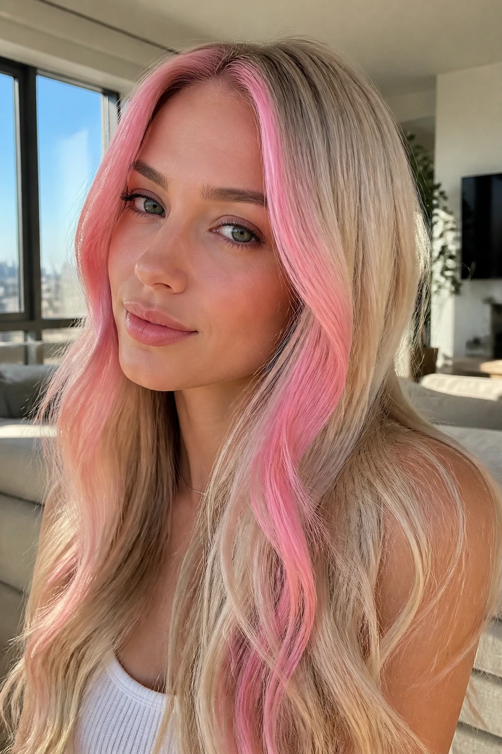 Close-up portrait of vanilla blonde hair with bubblegum money pieces framing the face