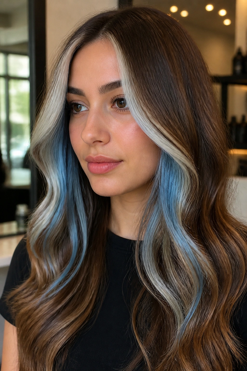 Close-up of face-framing vanilla blonde pieces with blue accents on brown hair.