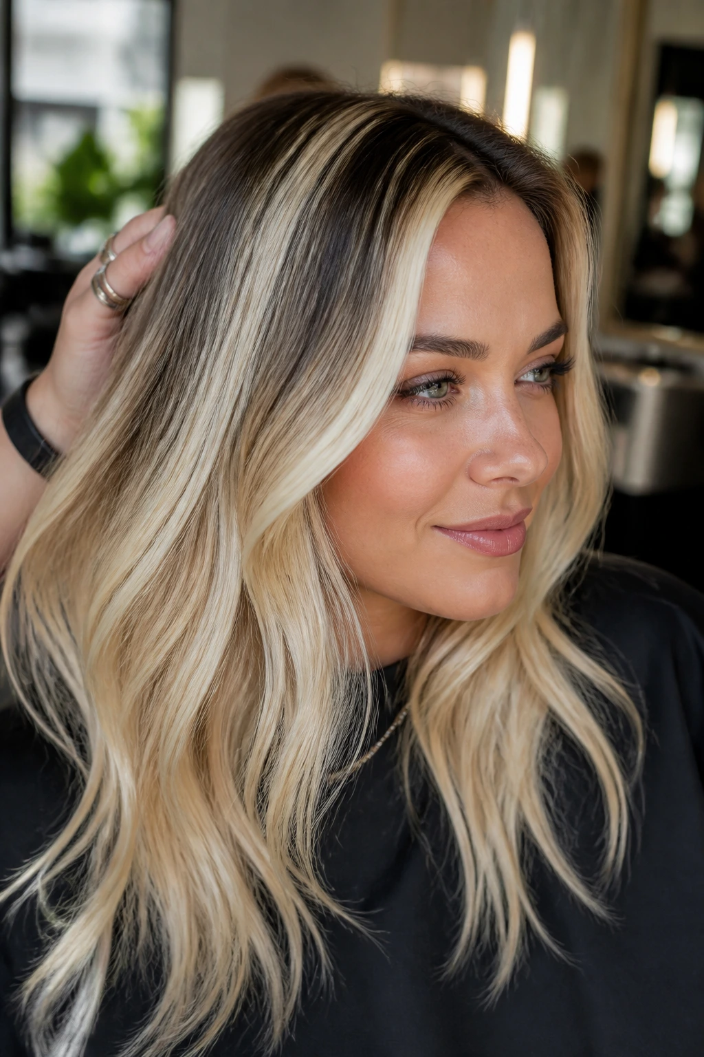 Close-up of a real woman with vanilla blonde hair and a narrow skunk stripe near the temple