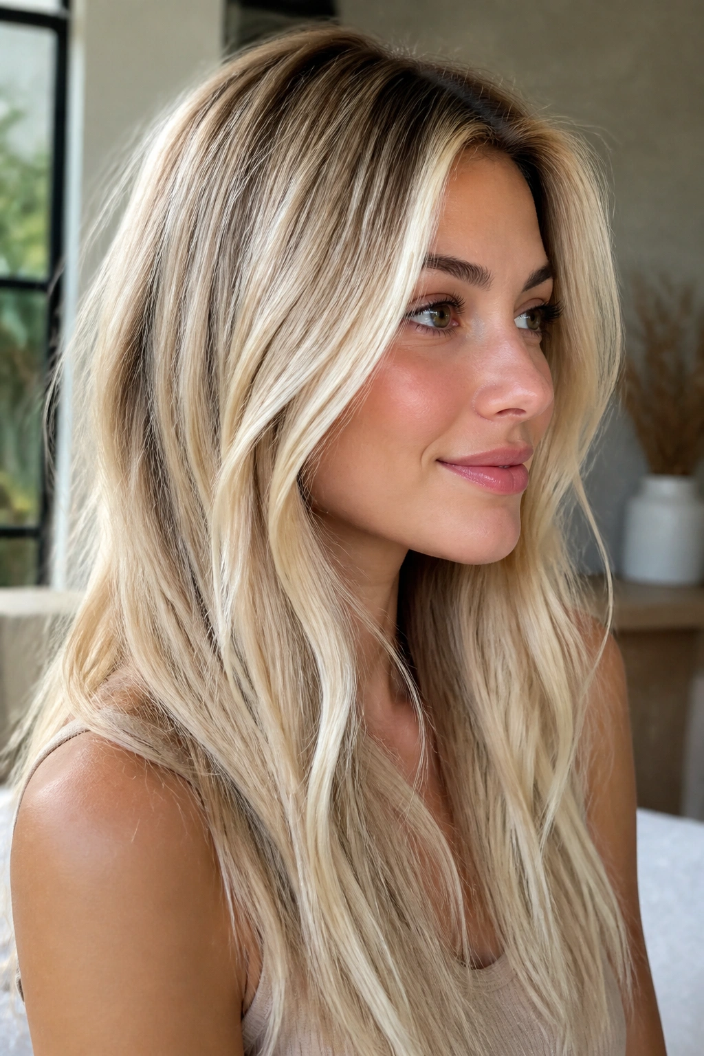 Close-up portrait of a real woman with vanilla blonde and a subtle lived-in root.