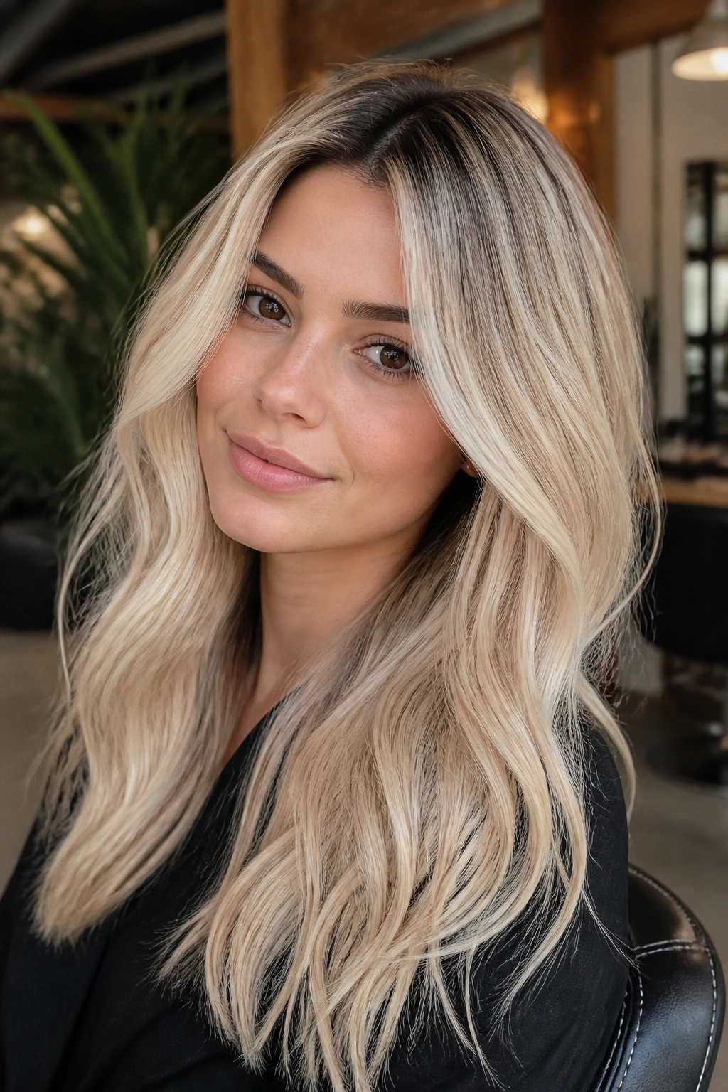 Close-up portrait of a real woman with creamy vanilla blonde hair and a subtle root smudge