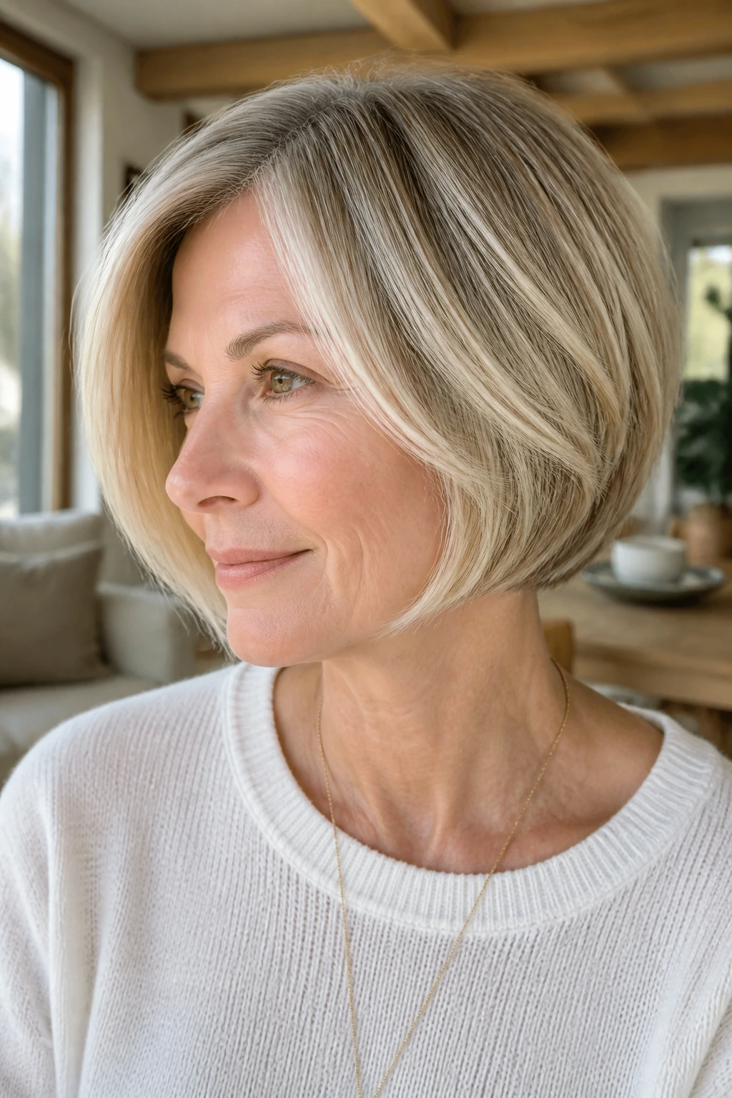 Real woman with rounded bob and vanilla blonde highlights