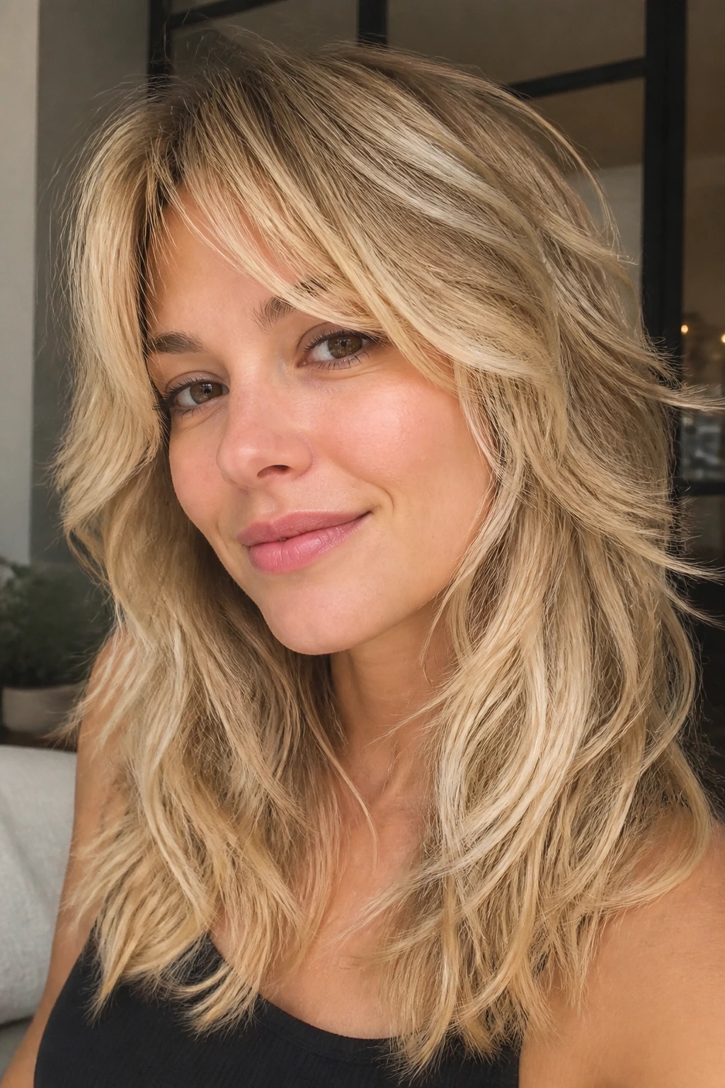 Close-up portrait of a real woman with vanilla blonde on a feathered shag showing textured layers