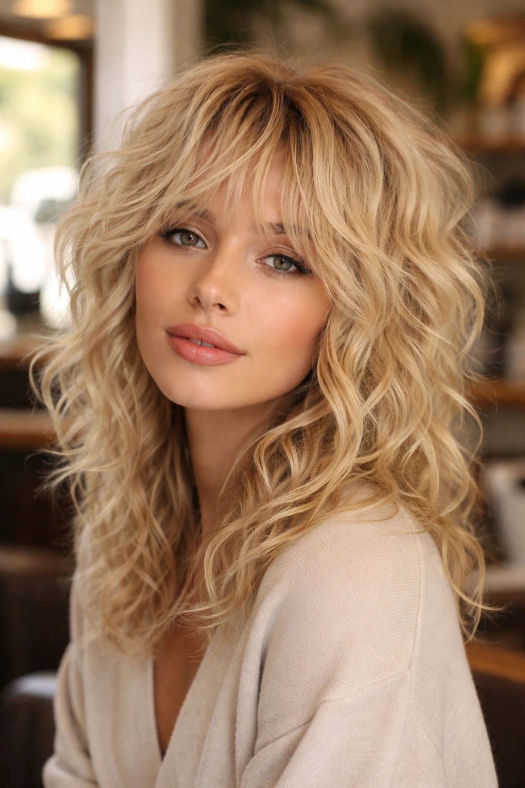 Close-up of a real woman with Vanilla Blonde Shag hairstyle in a warm salon setting