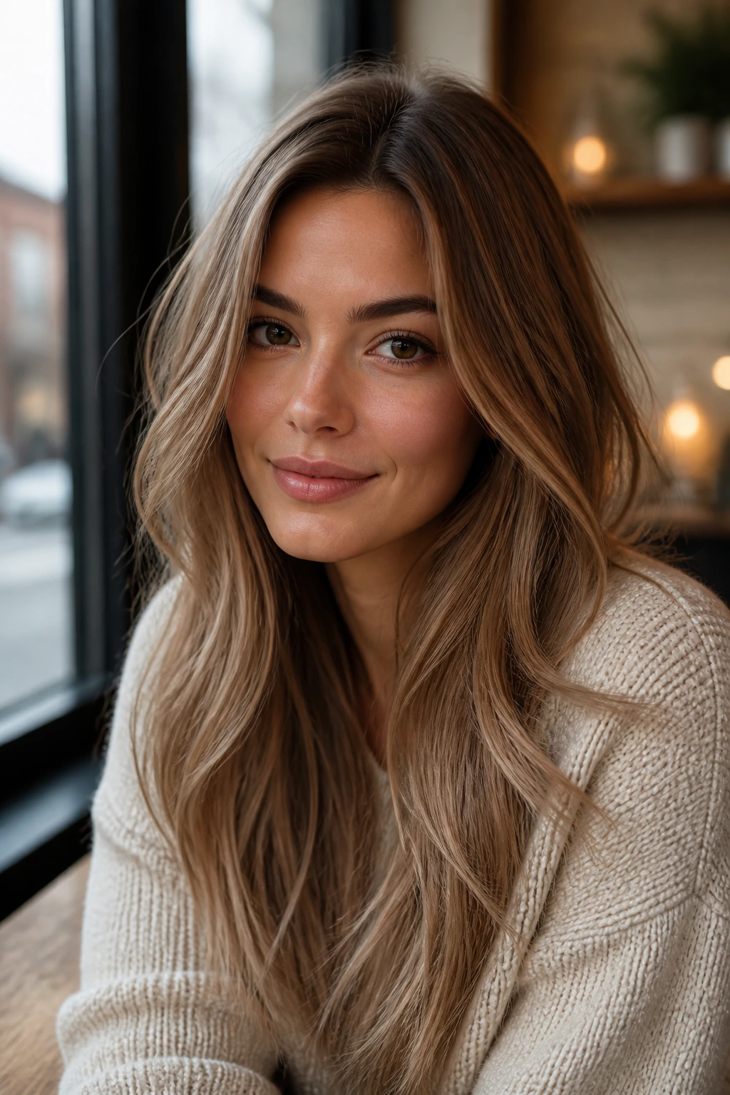 Close-up of a real woman with vanilla chai honey brown hair and creamy beige warmth.