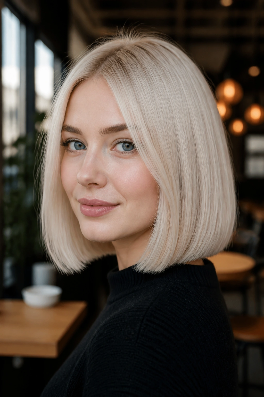 Close-up of real woman with vanilla champagne bob in cool beige