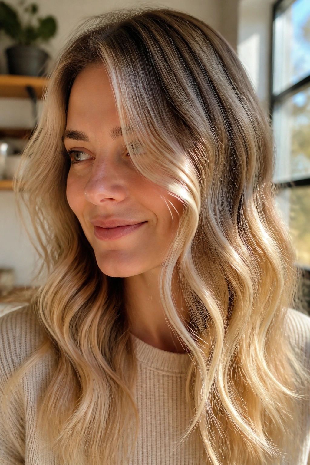 Close-up of a real woman with vanilla cream balayage on wavy hair
