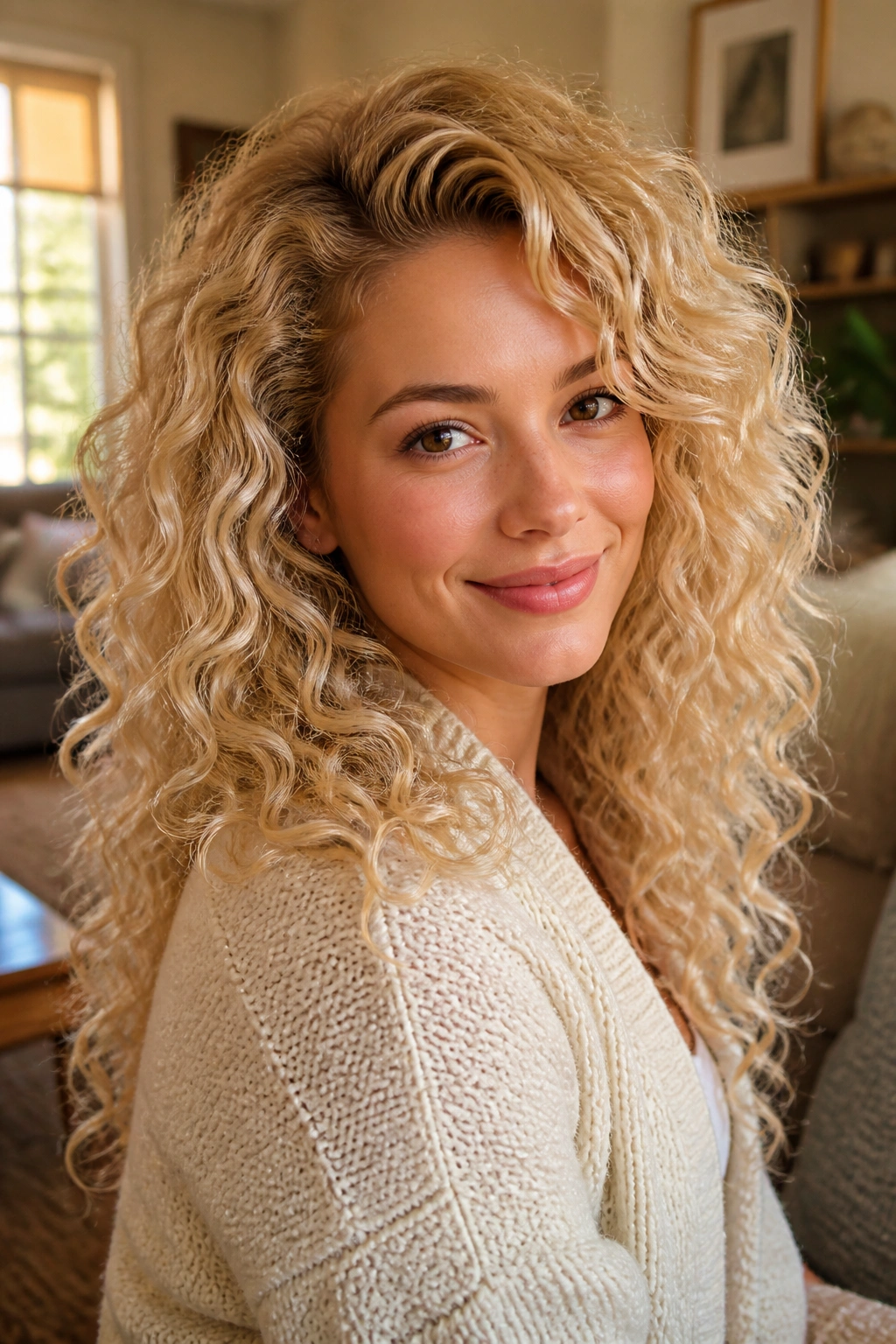 Close-up of a real woman with vanilla cream blonde on soft spiral curls.