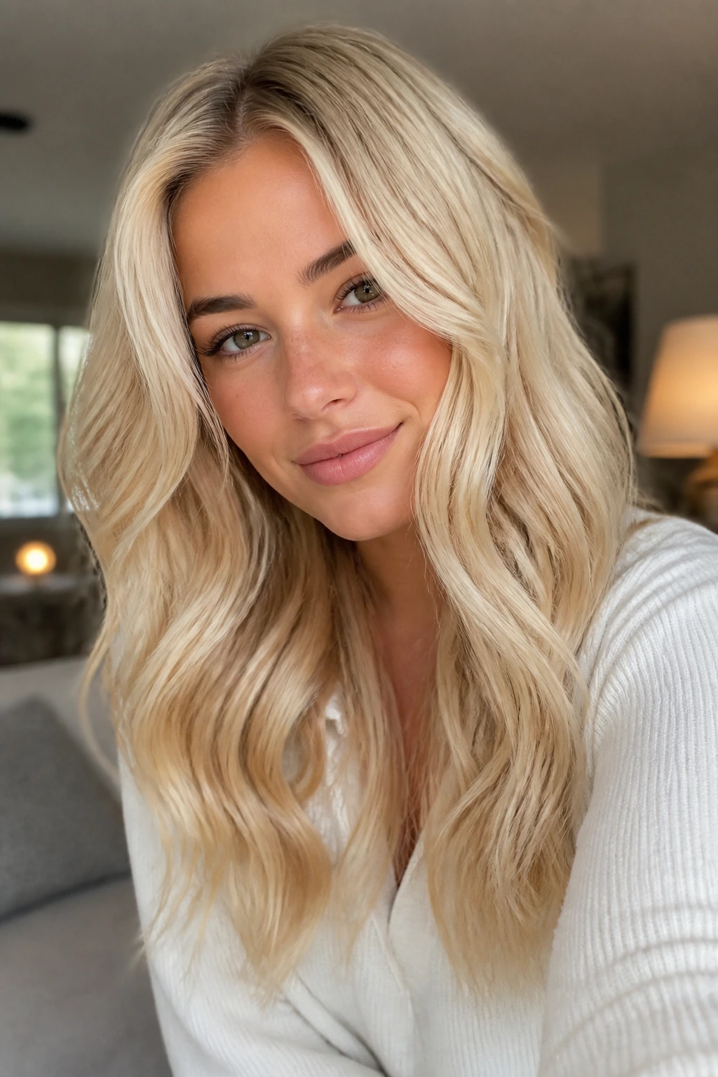 Close-up of vanilla cream blonde hair with glossy ends indoors