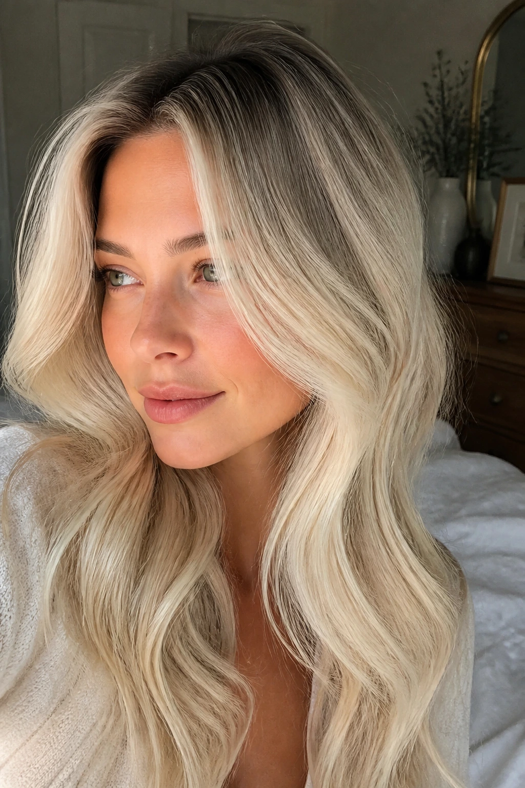 Close-up portrait of a real person with vanilla cream blonde and root smudge in a cozy room